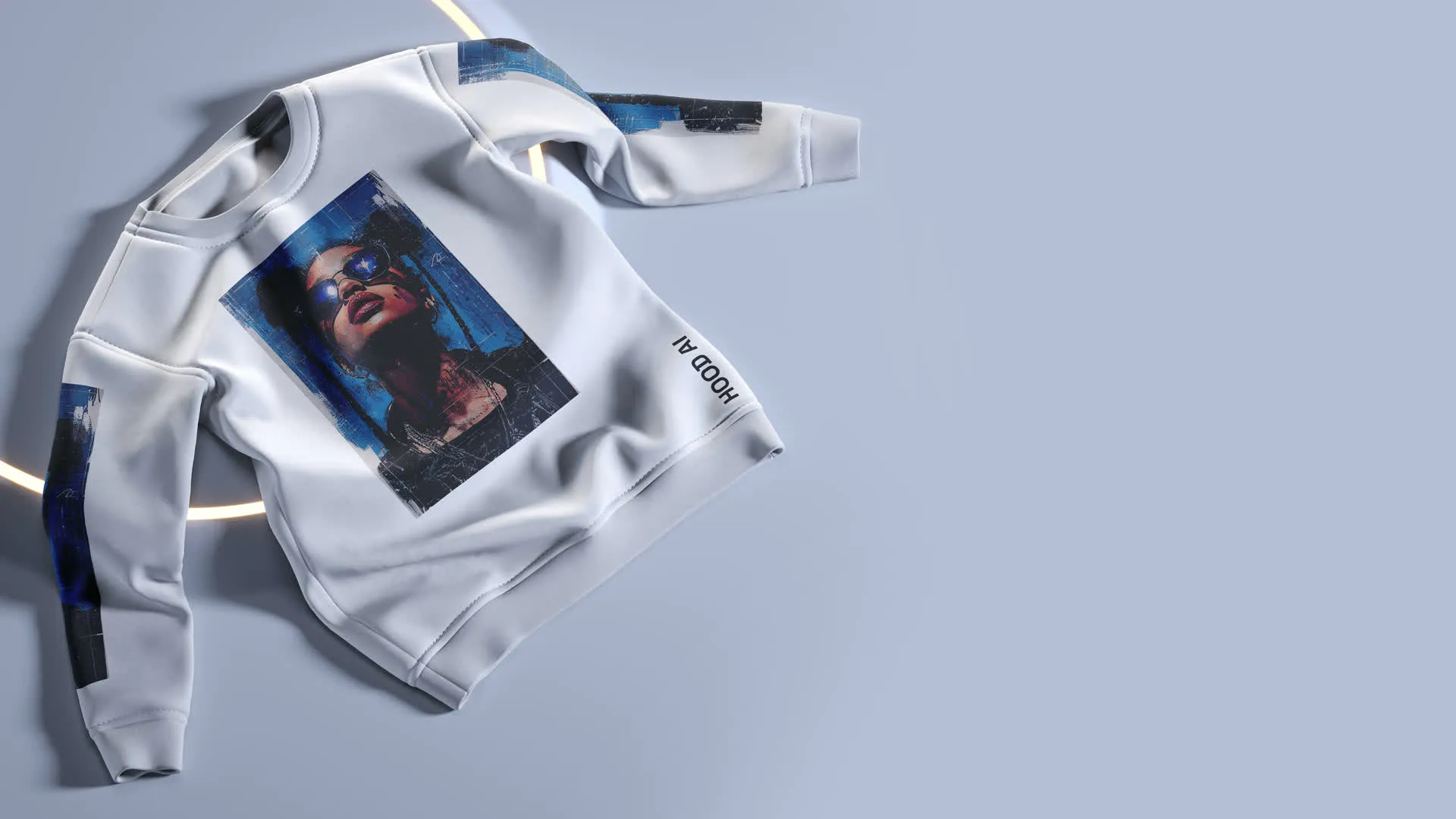 Printed hoodie lying flat on a lilac surface