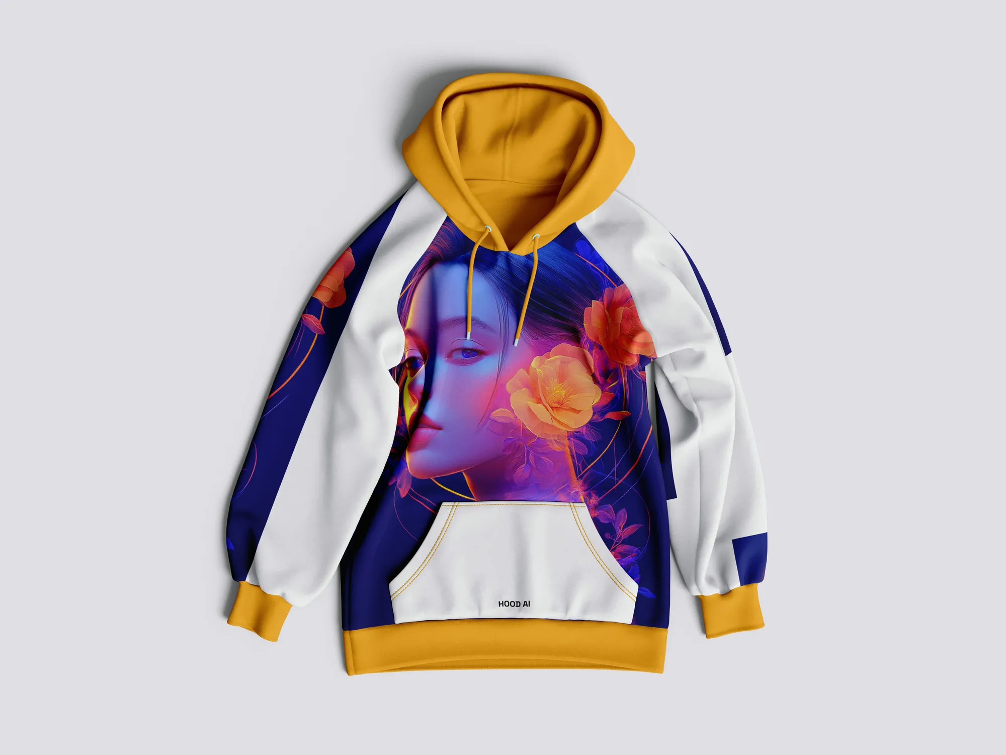 White hoodie with a mustard hood and cuffs, printed all over with a glowing portrait